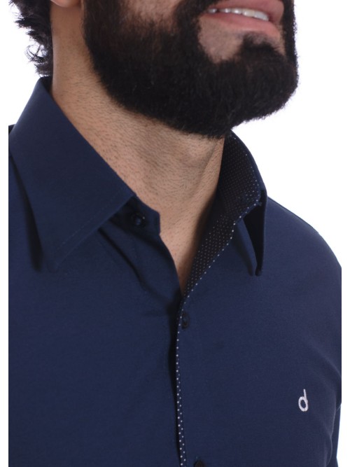 Camisa masculina marinho detalhe na frente de tricoline manga longa