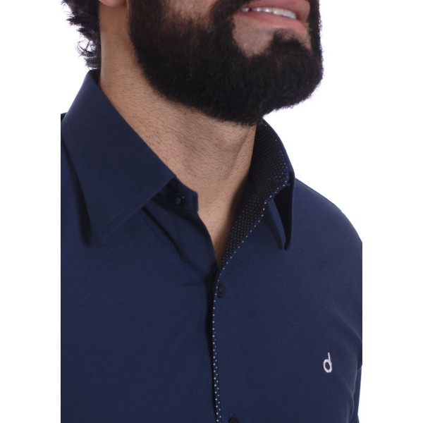 Camisa masculina marinho detalhe na frente de tricoline manga longa