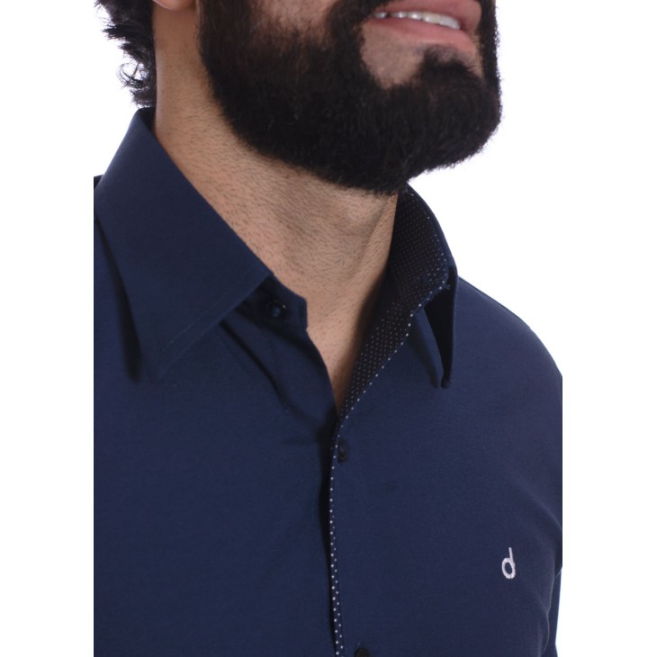 Camisa masculina marinho detalhe na frente de tricoline manga longa