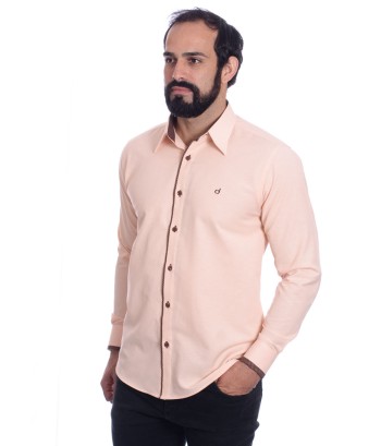 Camisa masculina salmão com detalhe na frente de tricoline manga longa