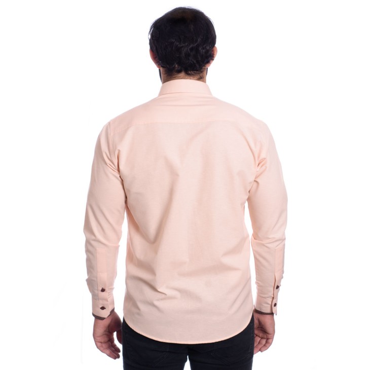 Camisa masculina salmão com detalhe na frente de tricoline manga longa