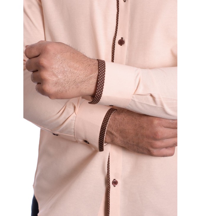 Camisa masculina salmão com detalhe na frente de tricoline manga longa Camisa masculina salmão com detalhe na frente de tricoline manga longa