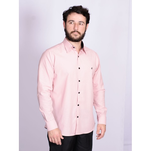 Camisa nude com detalhe na frente masculina de tricoline manga longa