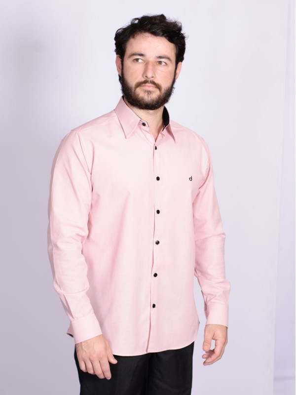 Camisa nude com detalhe na frente masculina de tricoline manga longa