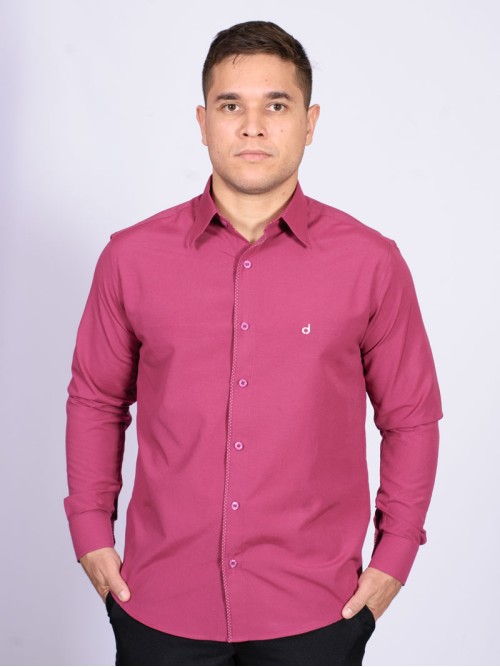 Camisa social masculina de tricoline com detalhe manga longa, pink