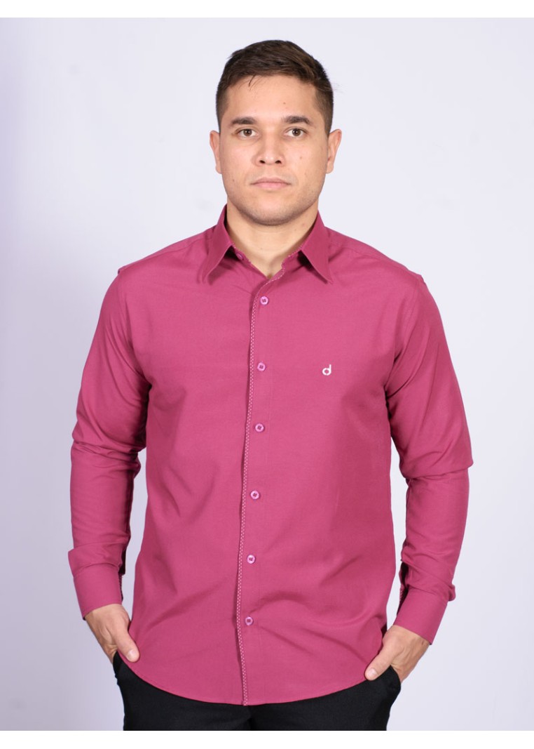 Camisa social masculina de tricoline com detalhe manga longa, pink