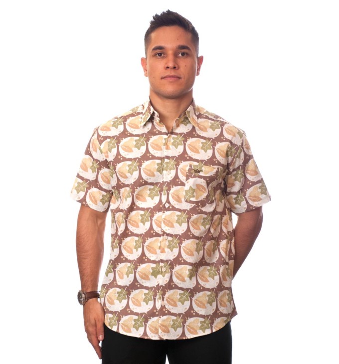 Camisa social masculina de algodão estampado manga curta, marrom