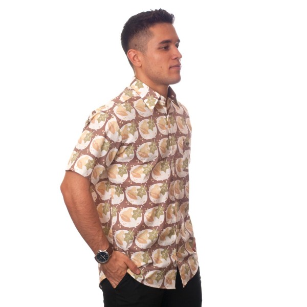 Camisa social masculina de algodão estampado manga curta, marrom