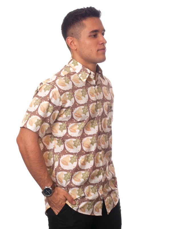 Camisa social masculina de algodão estampado manga curta, marrom Camisa social masculina de algodão estampado manga curta, marrom