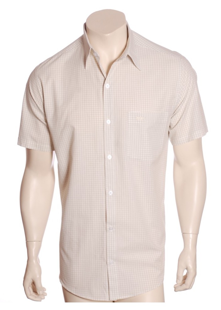 Camisa social masculina de algodão manga curta,xadrez bege