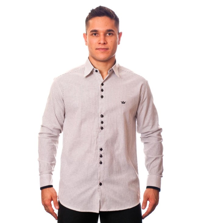 Camisa social listrada em preto manga longa masculina