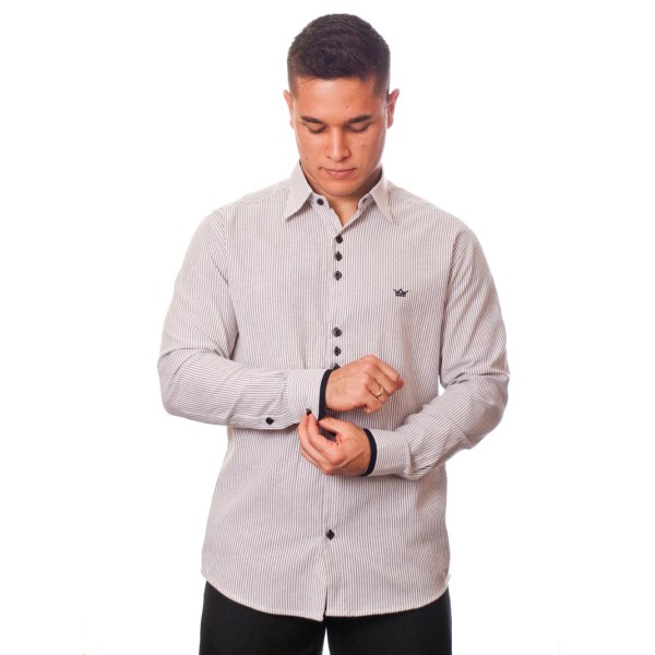 Camisa social listrada em preto manga longa masculina