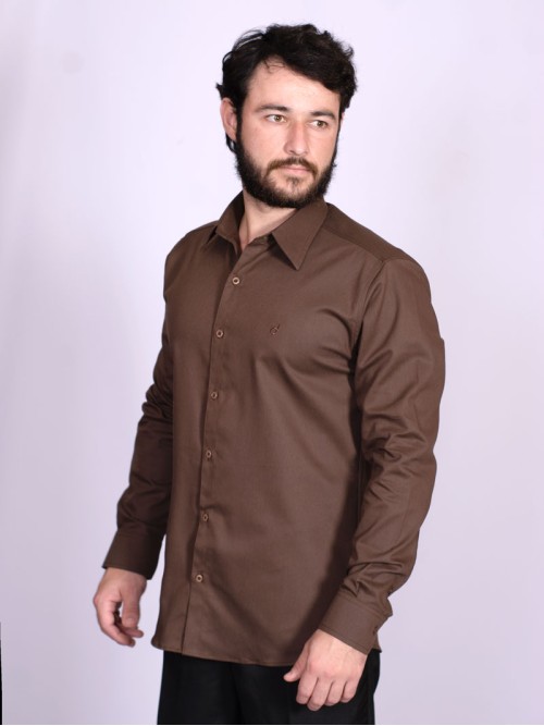 Camisa social de sarja masculina manga longa marrom