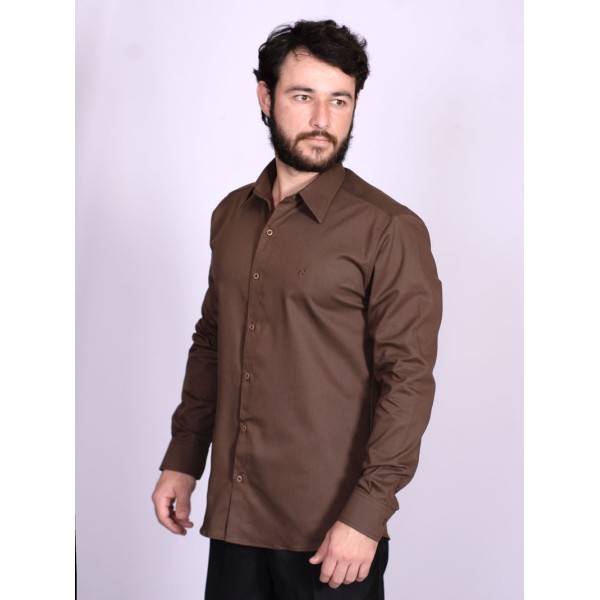 Camisa social de sarja masculina manga longa marrom
