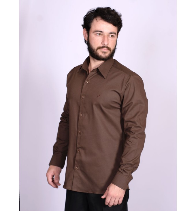 Camisa social de sarja masculina manga longa marrom Camisa social de sarja masculina manga longa marrom