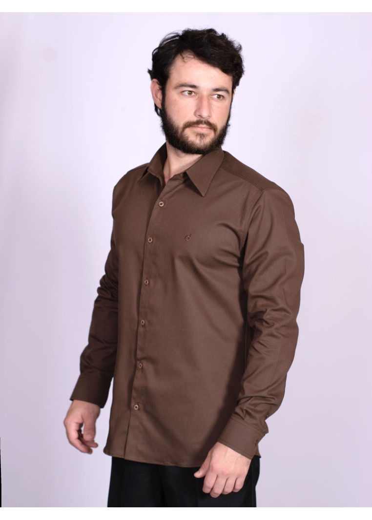 Camisa social de sarja masculina manga longa marrom