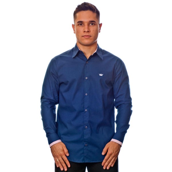 Camisa social azul marinho de algodão manga longa