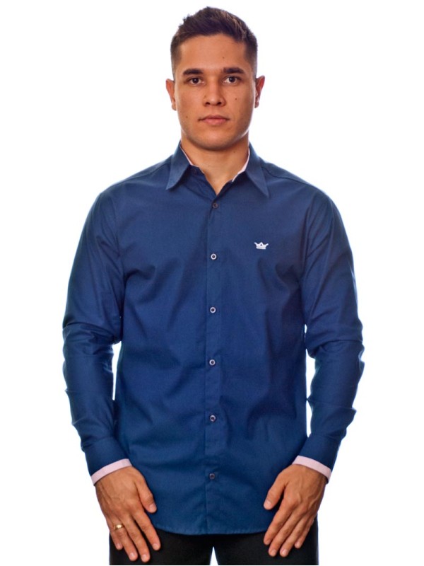 Camisa social azul marinho de algodão manga longa Camisa social azul marinho de algodão manga longa