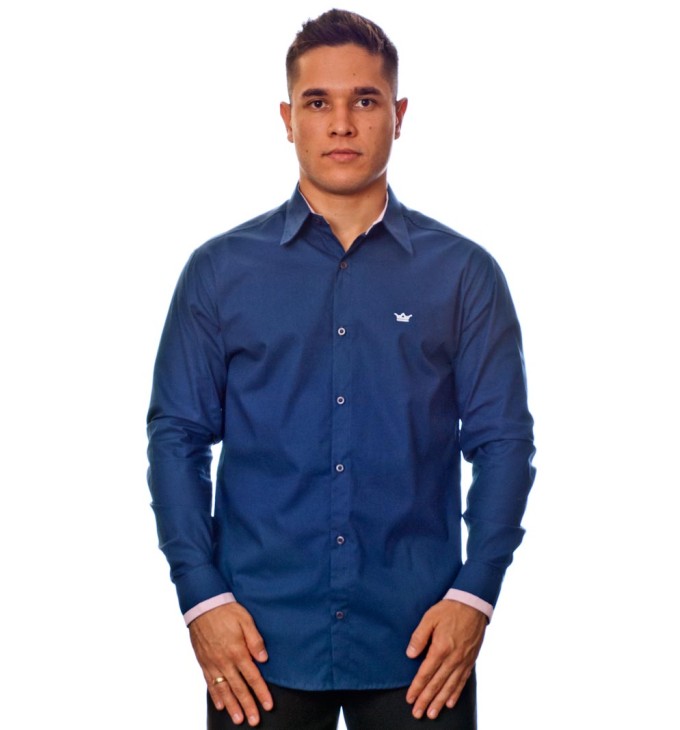 Camisa social azul marinho de algodão manga longa