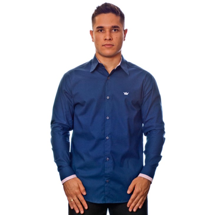 Camisa social azul marinho de algodão manga longa