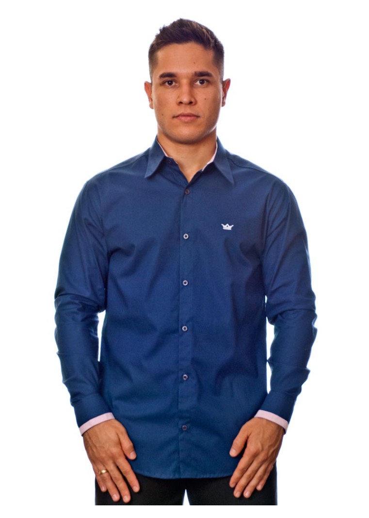 Camisa social azul marinho de algodão manga longa