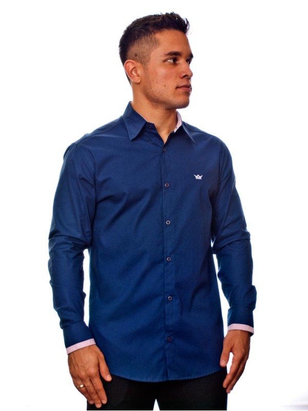 Camisa social azul marinho de algodão manga longa Camisa social azul marinho de algodão manga longa