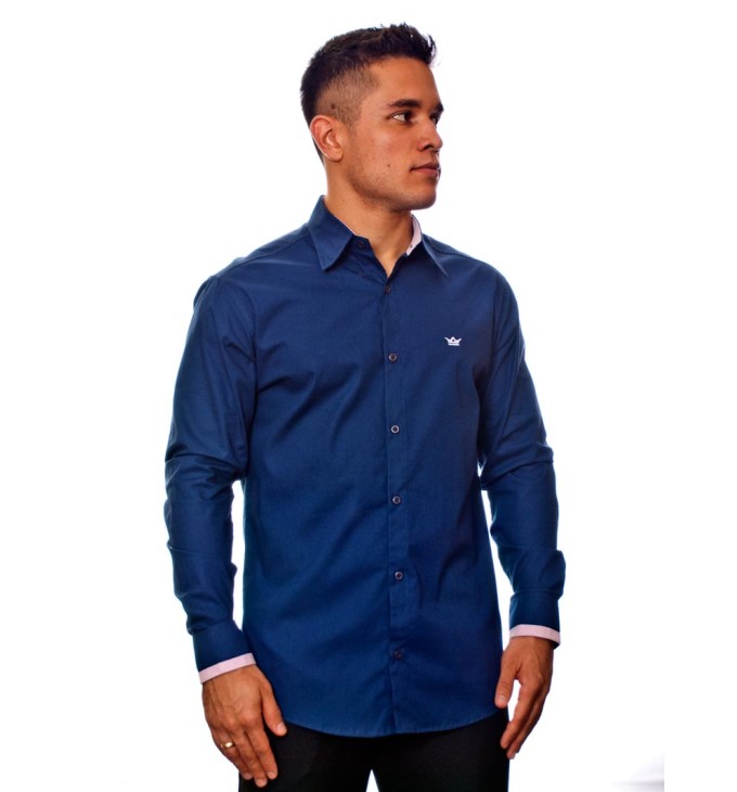 Camisa social azul marinho de algodão manga longa