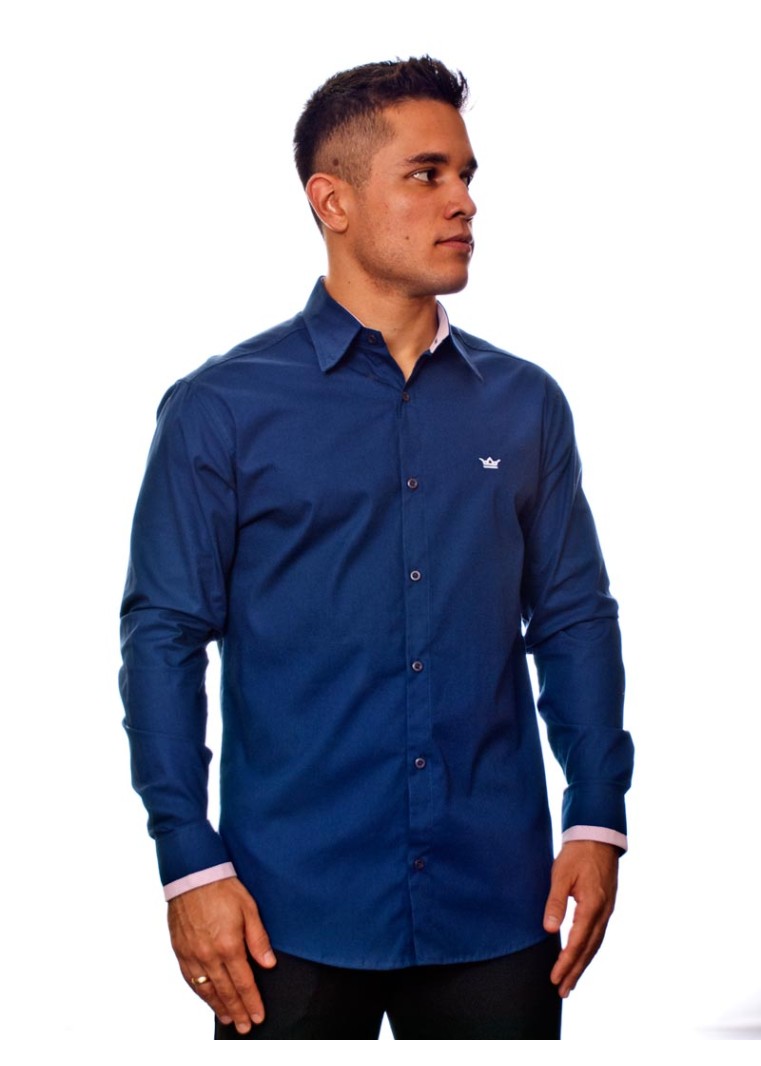 Camisa social azul marinho de algodão manga longa