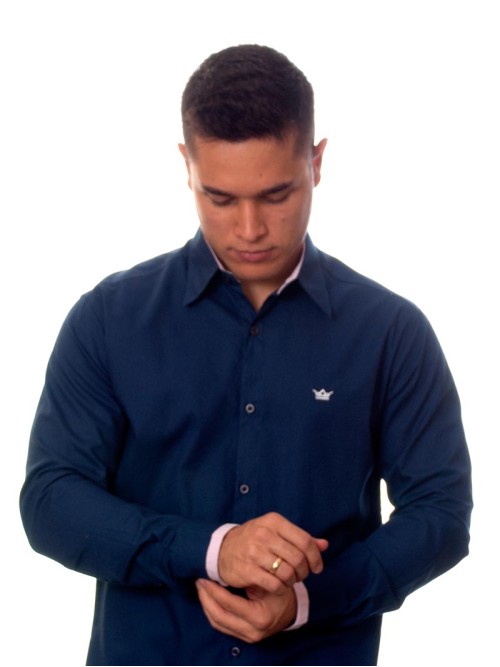 Camisa social azul marinho de algodão manga longa