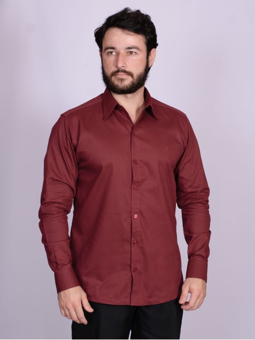 Camisa casual vinho masculina manga longa de sarja Camisa casual vinho masculina manga longa de sarja
