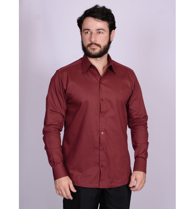 Camisa casual vinho masculina manga longa de sarja Camisa casual vinho masculina manga longa de sarja