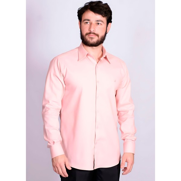Camisa casual salmão masculina manga longa de fustão
