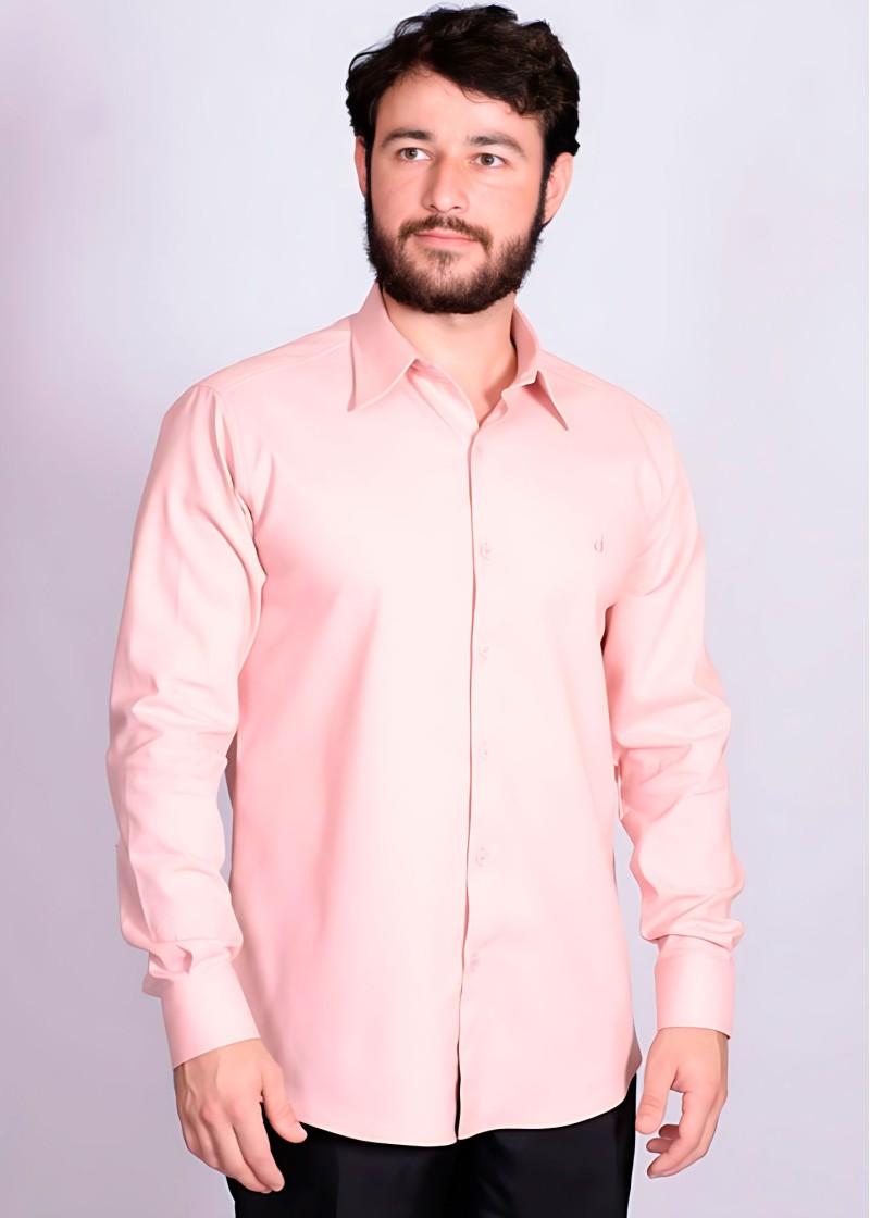 Camisa casual salmão masculina manga longa de fustão