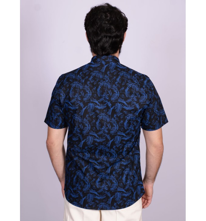 Camisa estampada azul com preto de algodão manga curta Camisa estampada azul com preto de algodão manga curta