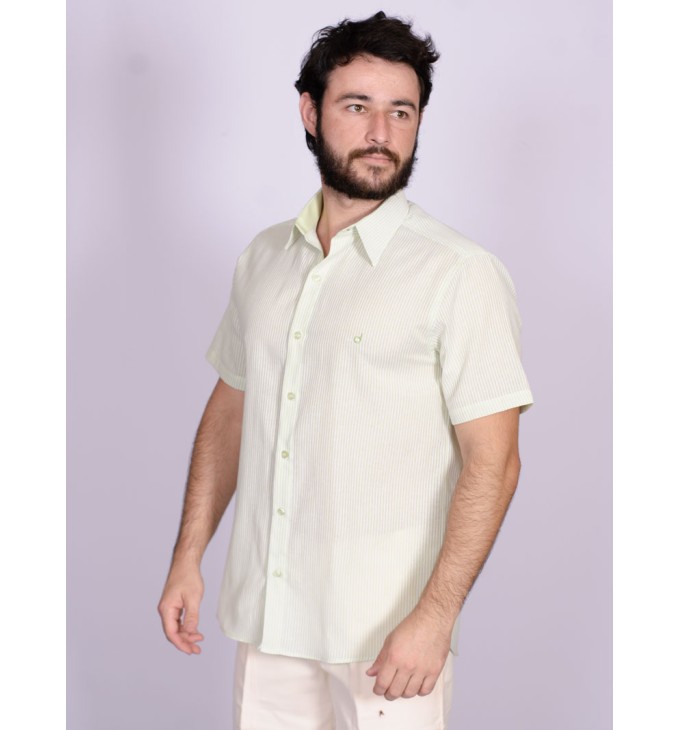 Camisa de algodão listrada verde manga curta Camisa de algodão listrada verde manga curta