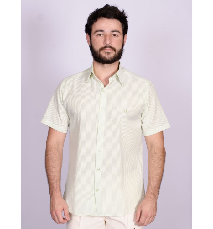 Camisa de algodão listrada verde manga curta Camisa de algodão listrada verde manga curta