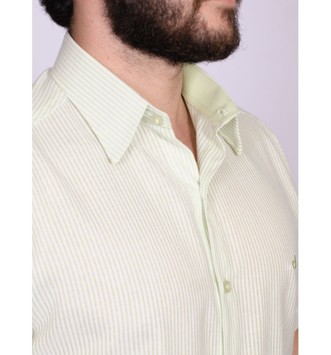 Camisa de algodão listrada verde manga curta Camisa de algodão listrada verde manga curta