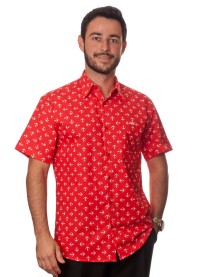 Camisa masculina vermelha manga curta algodão estampa âncora