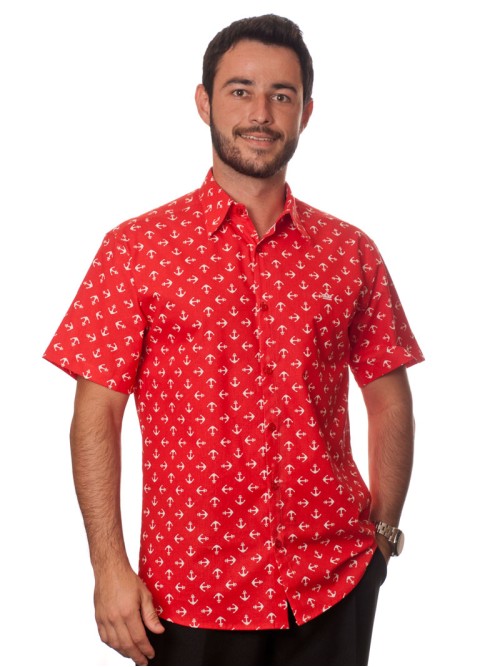 Camisa masculina vermelha manga curta algodão estampa âncora Camisa masculina vermelha manga curta algodão estampa âncora