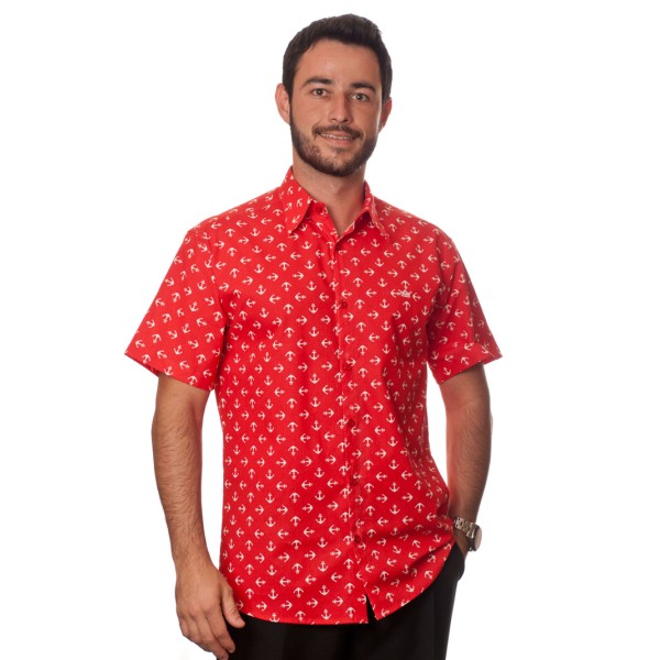 Camisa masculina vermelha manga curta algodão estampa âncora