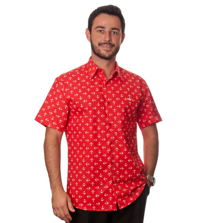 Camisa masculina vermelha manga curta algodão estampa âncora Camisa masculina vermelha manga curta algodão estampa âncora
