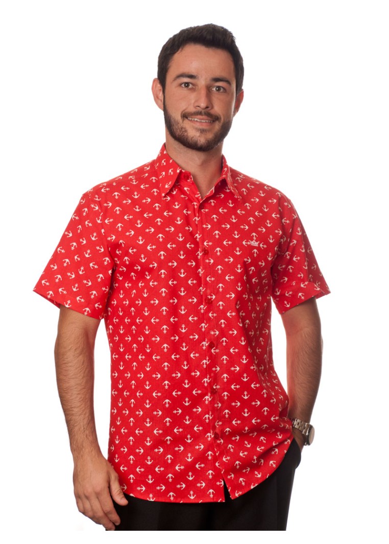 Camisa masculina vermelha manga curta algodão estampa âncora
