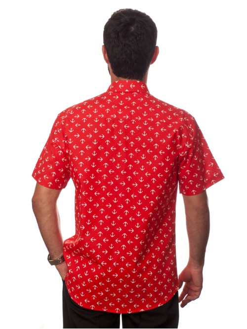 Camisa masculina vermelha manga curta algodão estampa âncora Camisa masculina vermelha manga curta algodão estampa âncora