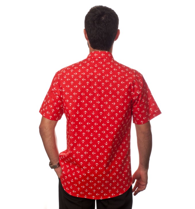 Camisa masculina vermelha manga curta algodão estampa âncora Camisa masculina vermelha manga curta algodão estampa âncora
