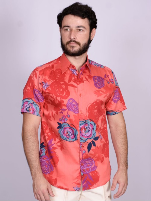 Camisa estampada vermelha de algodão manga curta Camisa estampada vermelha de algodão manga curta