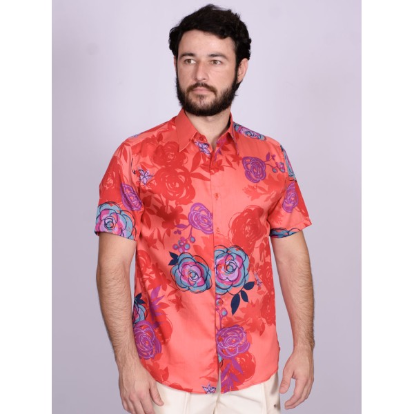 Camisa estampada vermelha de algodão manga curta