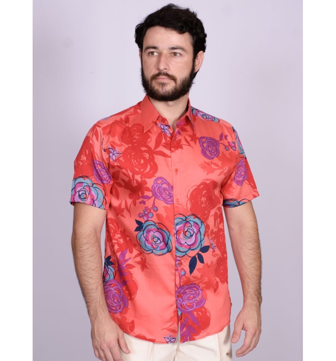 Camisa estampada vermelha de algodão manga curta Camisa estampada vermelha de algodão manga curta