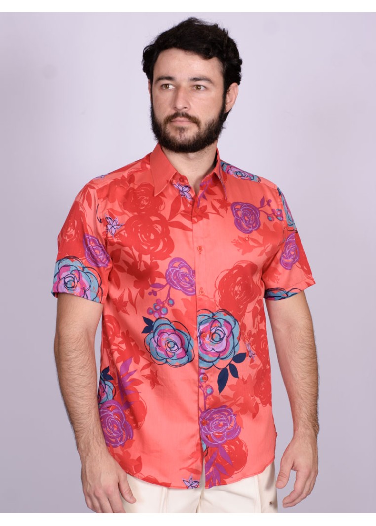 Camisa estampada vermelha de algodão manga curta