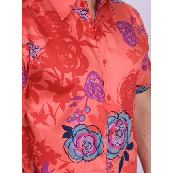 Camisa estampada vermelha de algodão manga curta