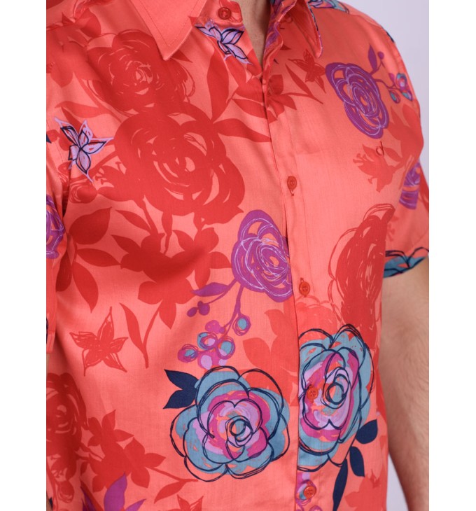 Camisa estampada vermelha de algodão manga curta Camisa estampada vermelha de algodão manga curta